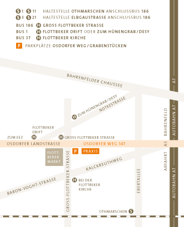 Anfahrt Gemeinschaftspraxis Dres. Kleier & Schlieper, Dr. med. Dr. med. dent. Christian Kleier, Dr. med. Dr. med. dent. J&ouml;rg Schlieper, Osdorfer Weg 147, 22607 Hamburg